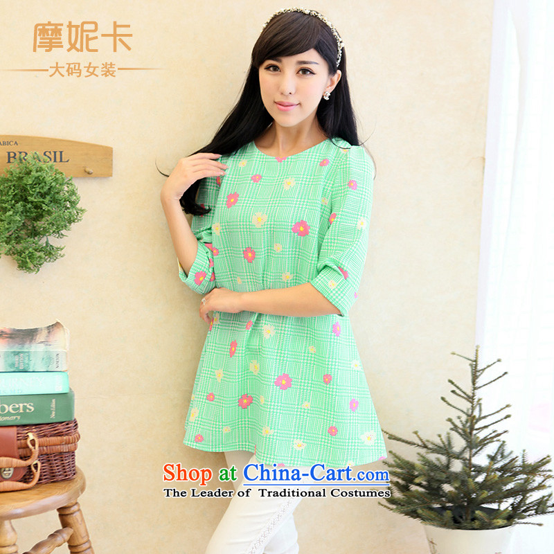 To intensify the thick mm Summer 2014 large female Korean version of the new video thin round-neck collar short-sleeved shirt skirt green Sau SanXXL