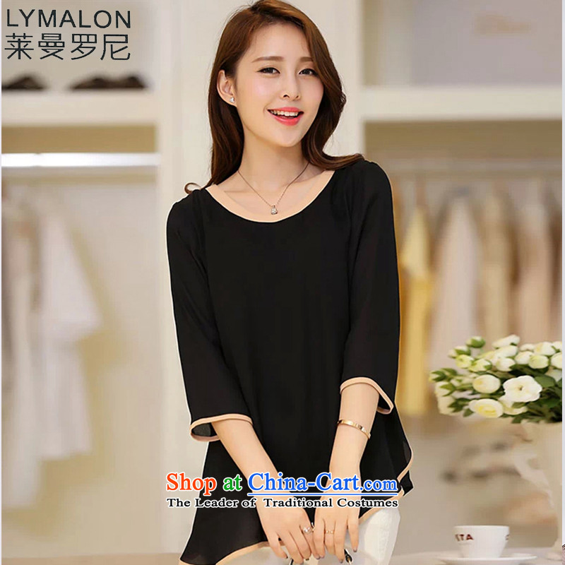 The lymalon2015 lehmann summer new product version of large Korean women's code Sleek and versatile graphics in thin cuff Sau San chiffon shirt T-shirt 1,686 5XL black