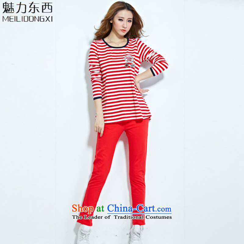 2015 Autumn, something attractive stripes movement very casual streaks long-sleeved T-shirt kit women T7128  XXXL red