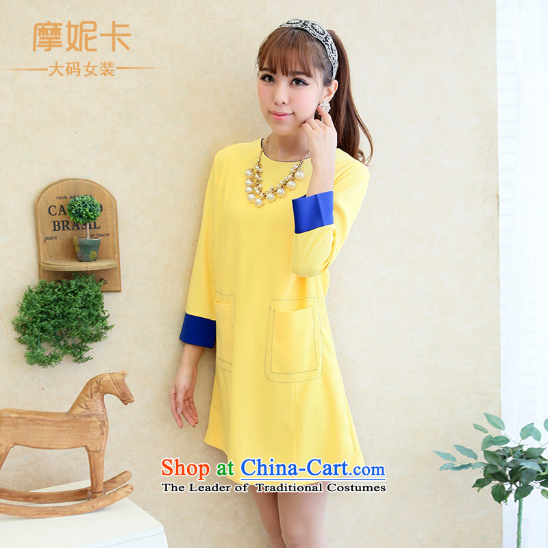 American Samoa Nika xl women 2014 Autumn load new thick sister round-neck collar knocked color high-end graphics cards large thin yellow XXXL dresses