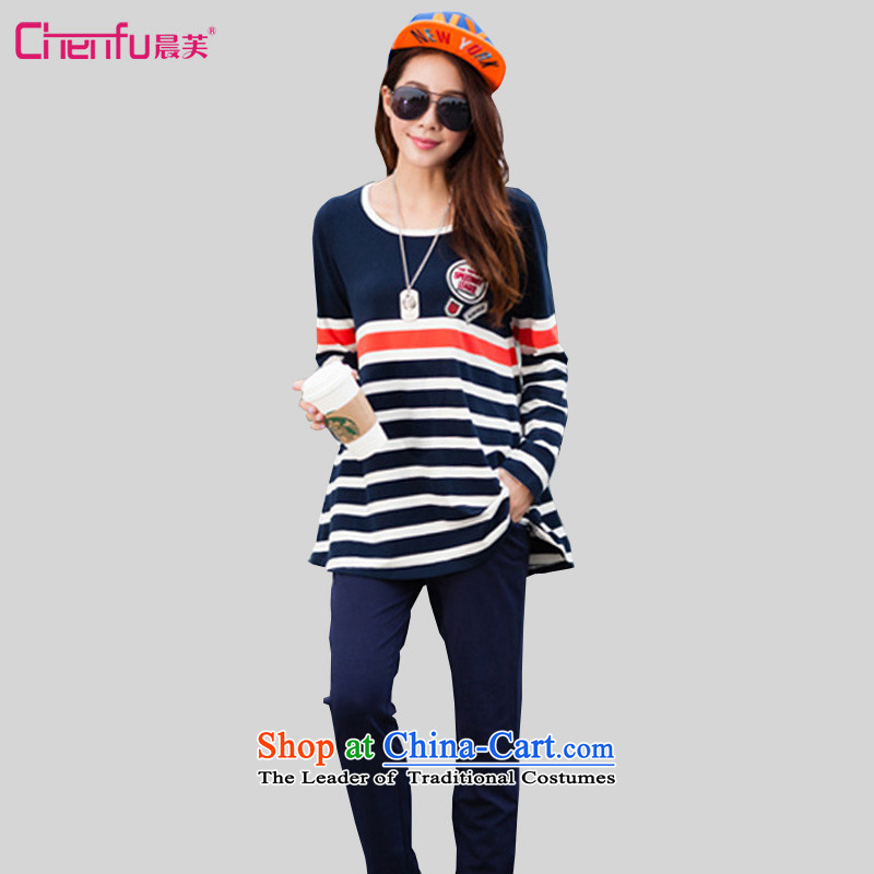 Morning to 2015 autumn and winter new Korean Edition to increase the number of women with thick mm round collar Sports sweater leisure wears stylish knocked stripe kit two royal blue?4XL?recommendations 160-180 catty