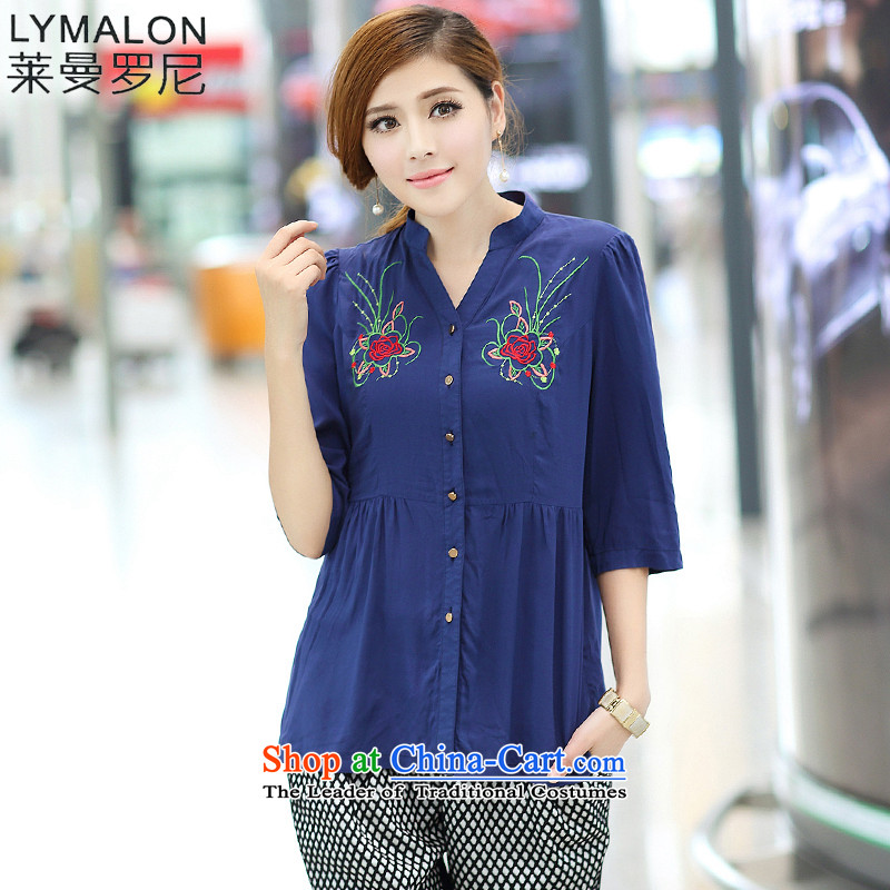 The lymalon lehmann thick, Hin thin autumn 2015 new product version of large Korean women's code of ethnic stylish 7 in his shirt-sleeves shirt 1662 BlueXXL