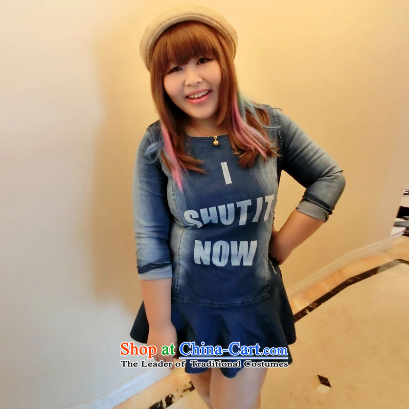 Addiction is larger female thick Korean autumn sister 2014 replacing billowy flounces video thin denim dress 1360 Blue?XXXL