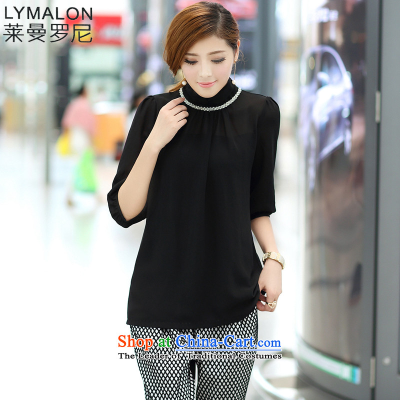 The lymalon lehmann thick, Hin thin autumn 2015 new product version of large Korean women's temperament nails code-ju high collar loose chiffon shirt XXXL 1670 Black