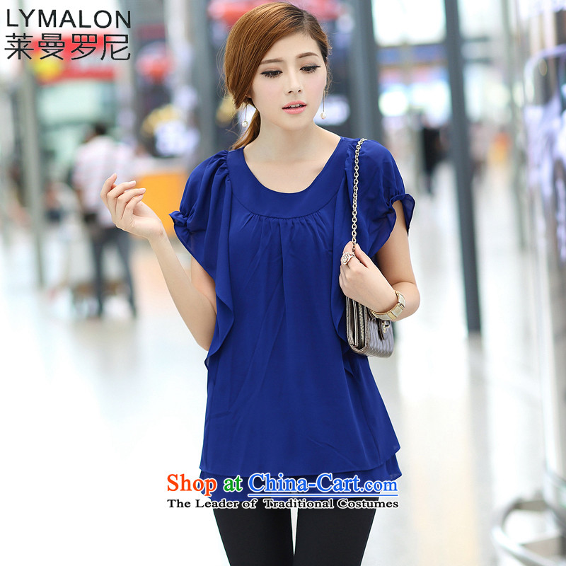 The lymalon lehmann thick, Hin thin 2015 Summer new Korean version of large numbers of ladies fashion niba short-sleeved T-shirt chiffon Netherlands 1685 Blue?XL