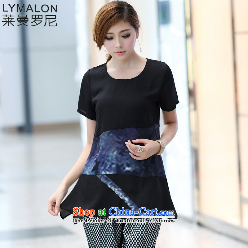 The lymalon lehmann thick, Hin thin Summer 2015 New Product Version Korean won large stylish women short-sleeved T-shirt chiffon shirt 1691 BlackXXL