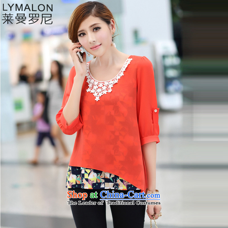 The lymalon lehmann thick, Hin thin spring and fall 2015 new product version of large Korean women's code stylish lace stitching in cuff chiffon Netherlands 1693 ORANGE?XXL