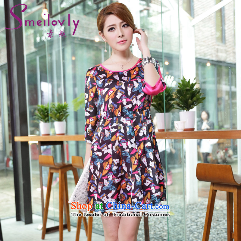 The Director of the women's code for summer to increase expertise mm Korean Stamp graphics in thin waist A high-sleeved chiffon dressesS2629XXXXL Suit
