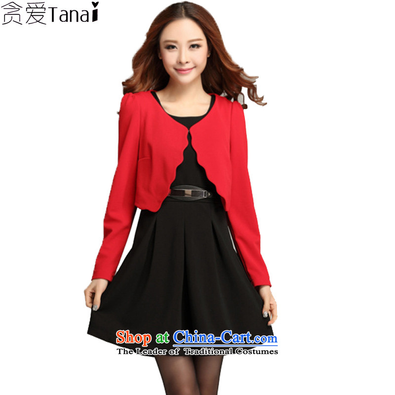 Indulge in the autumn the new Korean version of Fat MM THIN to graphics xl women's two kits dresses bows services 3389 black skirt red jacket?XXXL recommended weight around 165