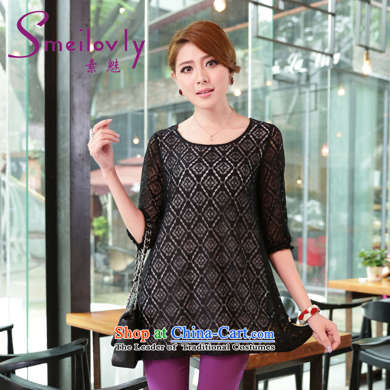 The Director of the women's code to increase the thick mm Korean loose lace shirt with mother in summer cuff chiffon shirt long black XXXXXL S2636