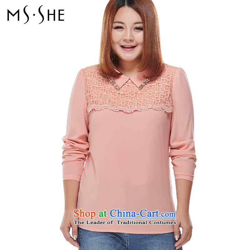 Msshe xl women 2015 new thick sister autumn replacing women wear shirts lapel of long-sleeved shirt 7776?5XL Pink