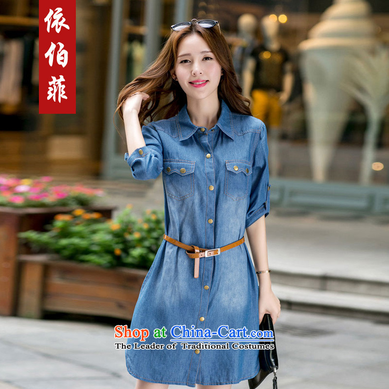 In accordance with the new Fat MM to xl loose video thin stylish lapel single row allotted seven points cuff denim dress female Y063 XXXL blue