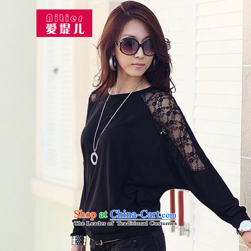 Love children by 2015 to entities xl female thick mm autumn boxed version of the new Korean loose lace forming the Netherlands bat long-sleeved T-shirt A7786 bare shoulders black XXL