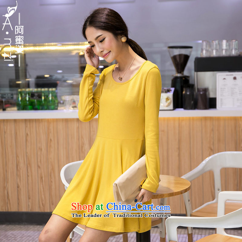 Amista Asagaya Gigi Lai Fat mm larger female wild pure color new boxed Korean autumn round-neck collar forming the long-sleeved dresses female 87 20 yellow XXXXL, AMISTA ASAGAYA Gigi Lai , , , shopping on the Internet
