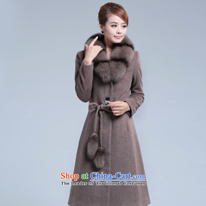 The new for women in long Korean Sau San Solid Color Fox gross washable wool woolen coat a female Fall/Winter Collections? Jacket Black XL, gross cloth Stone (bushi) , , , shopping on the Internet