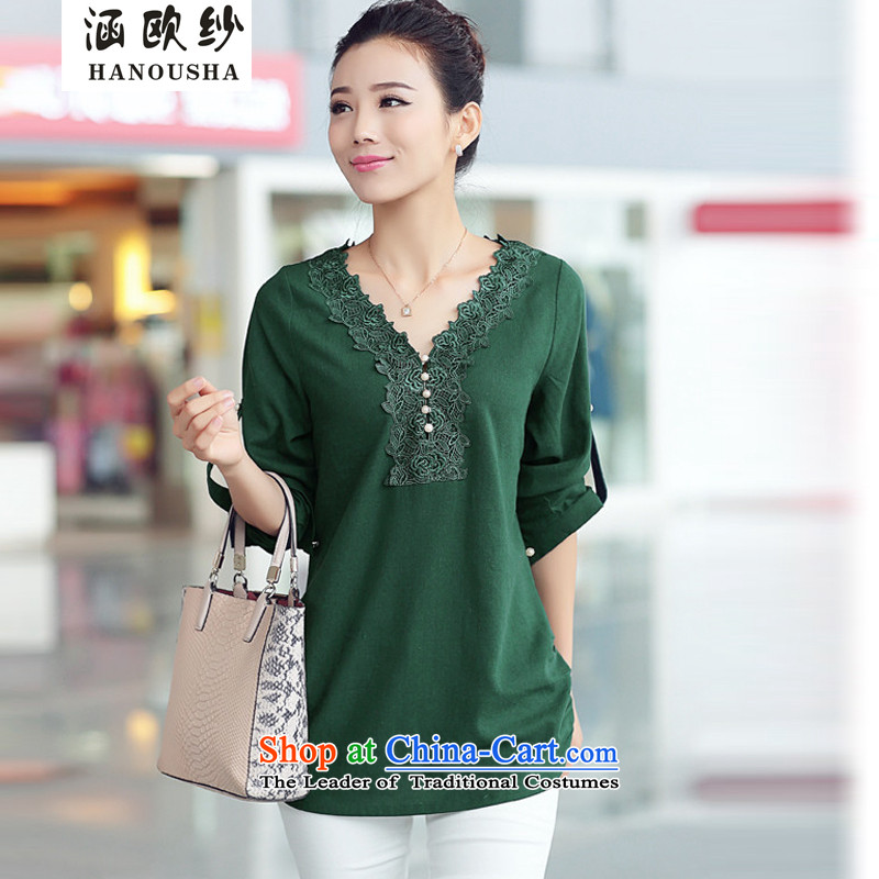 Euro2015 yarn covered by the spring and summer of the Korean version of the cotton linen shirt female long-sleeved V-neck in the middle-aged moms video thin large flows of female high-quality C.O.D. GREENM