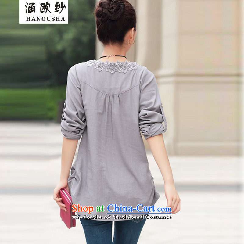 Euro 2015 yarn covered by the spring and summer of the Korean version of the cotton linen shirt female long-sleeved V-neck in the middle-aged moms video thin large flows of female high-quality c.o.d. green yarn (Euro covered by M hanousha) , , , shopping