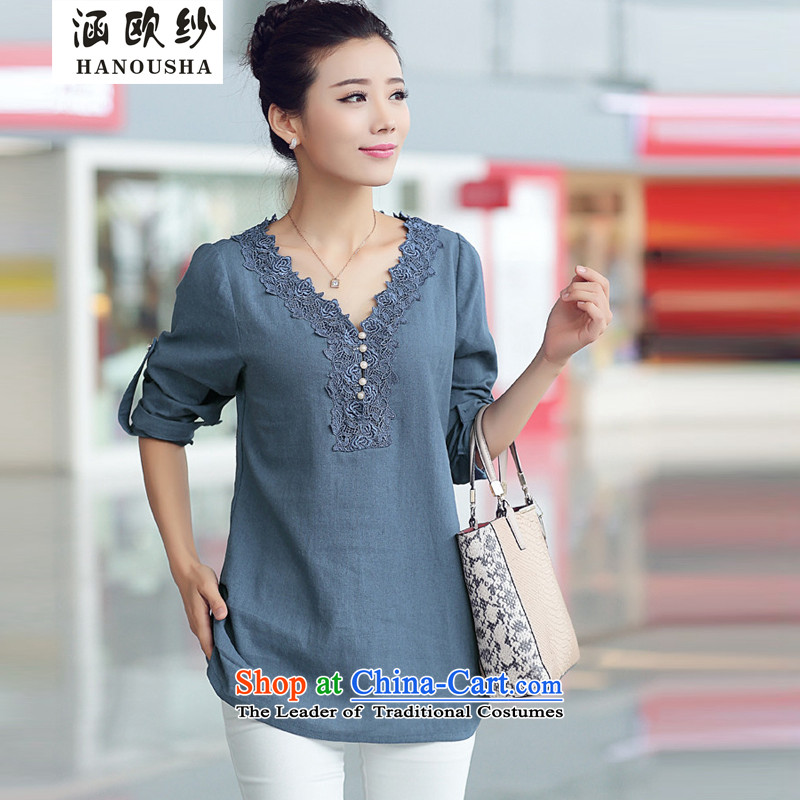 Euro 2015 yarn covered by the spring and summer of the Korean version of the cotton linen shirt female long-sleeved V-neck in the middle-aged moms video thin large flows of female high-quality c.o.d. green yarn (Euro covered by M hanousha) , , , shopping