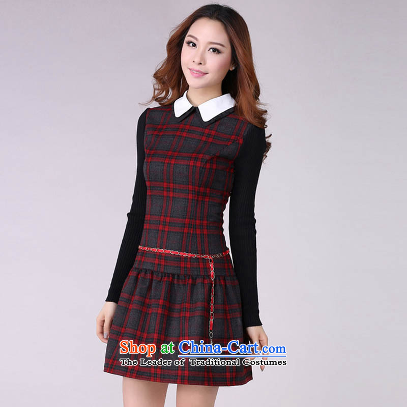 Coveted New Fall/Winter Collections retro style sub-thick sister institute to increase women's code long-sleeved dresses in red and gray grid XXXL 2,166 brassieres recommended weight of 170 percent, indulge (tanai) , , , shopping on the Internet