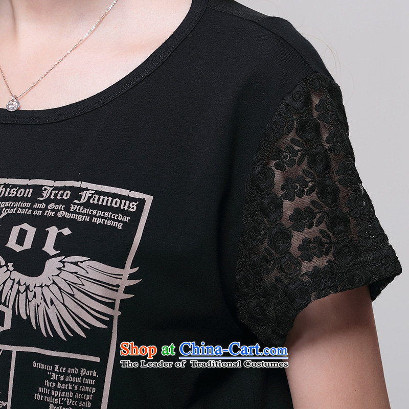 So clearly to xl female thick mm Summer 2015 Korean lace stitching thick sister video t-shirt thin cotton short-sleeved black XL, staff of S1632 (smeilovly) , , , shopping on the Internet