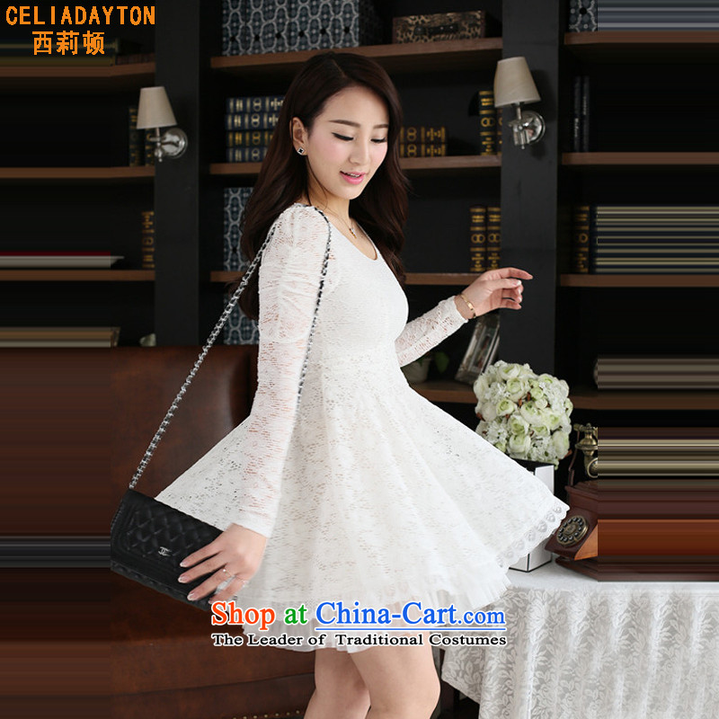 Szili Clinton large long-sleeved blouses and lace dresses autumn 2015 new expertise to increase MM Foutune of video thin temperament, forming the skirt 200 catties white XXXXL, Szili (celia dayton , , , shopping on the Internet