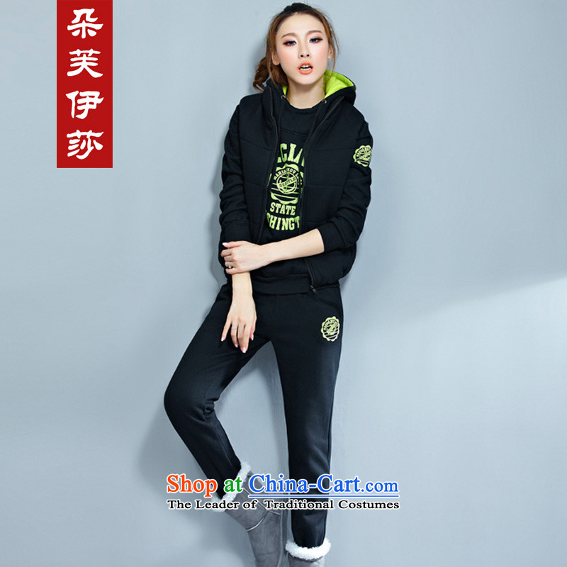 Flower to Isabelle 2015 autumn and winter new Korean casual wear kit plus large-thick wool sweater with cap kits D7146 female black-green flower to Elisabeth 4XL, (dufflsa) , , , shopping on the Internet