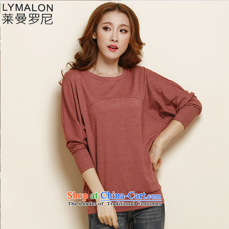 The lymalon lehmann thick, Hin thin 2015 autumn the new Korean version of large numbers of ladies loose bat sleeves round-neck collar solid color T-shirt Y11275XL Rust Red