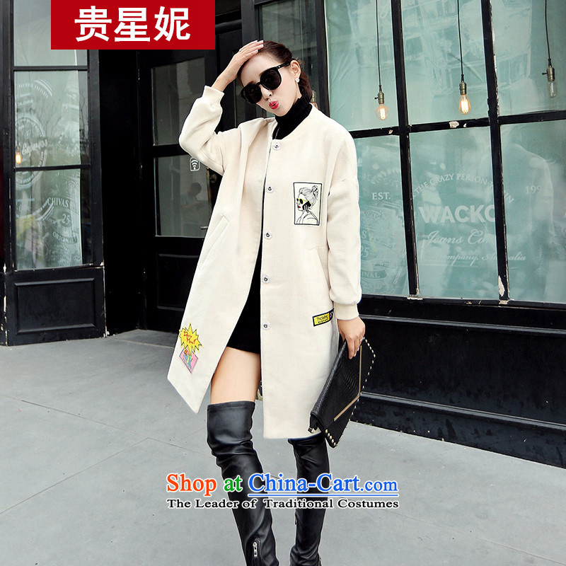 The Star Ni 2015 Women's new collar fit sub-coats Korean tweed lenient in large long hair white jacket is girls?L