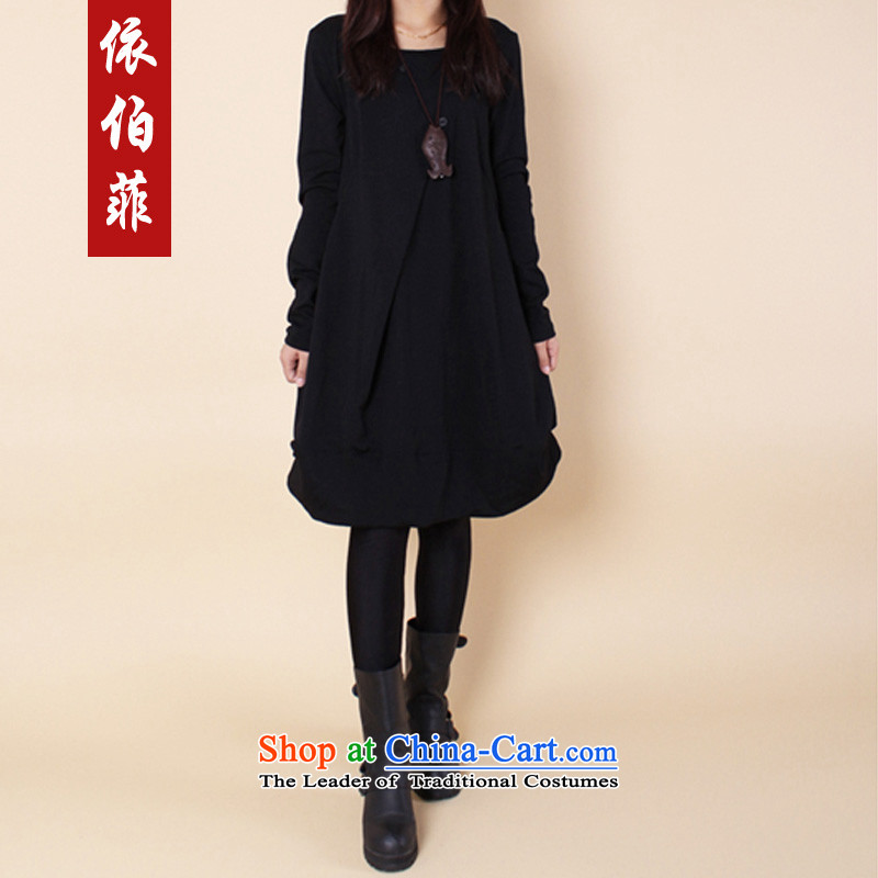 In accordance with the new 2015 perfect Fat MM to xl very casual creases round-neck collar long-sleeved dresses Y112 female black XXL(170-185 catties) according to perfect (yibofei) , , , shopping on the Internet