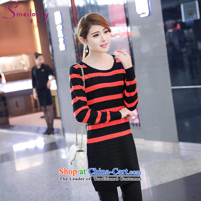 So clearly to xl female thick mm autumn 2014 new expertise with sister long-sleeved video thin stripes Knitted Shirt Color Photo 706 skirt L