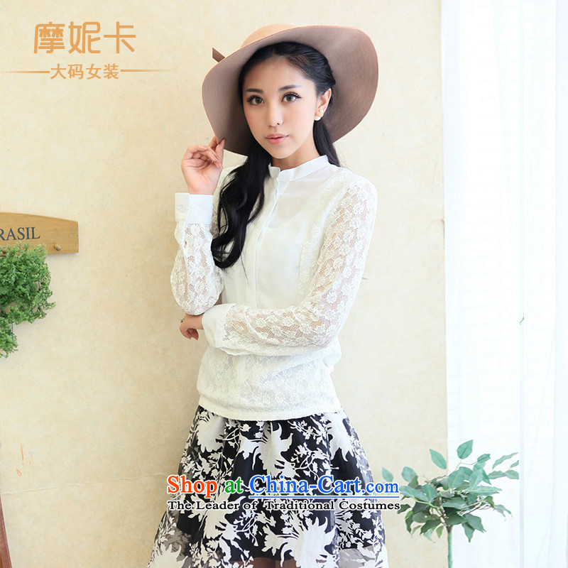 The fertilizer greatly code women thick mm autumn 2014 Korean Pack new graphics thin lace stitching long-sleeved shirt shirt White?XL