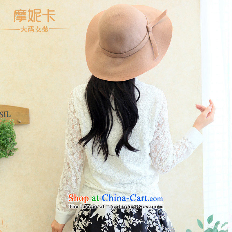 The fertilizer greatly code women thick mm autumn 2014 Korean Pack new graphics thin lace stitching long-sleeved shirt shirt White XL, American Samoa Nika shopping on the Internet has been pressed.