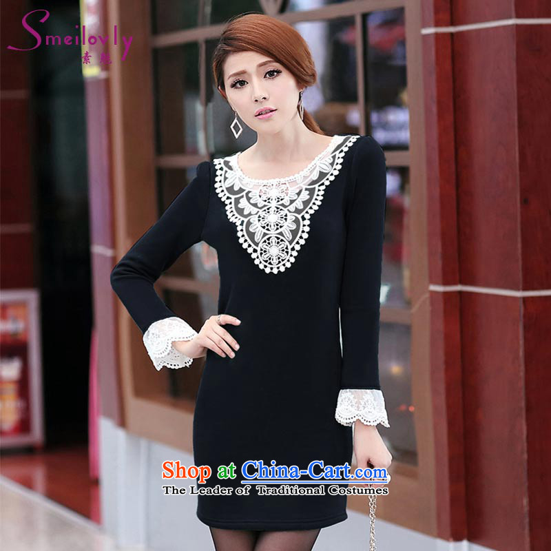 So clearly to xl female mm2014 thick winter clothing in the autumn of the new Korean lace stitching plus lint-free long-sleeved video dressesS1703 thinblueXL _thick plus lint-free_