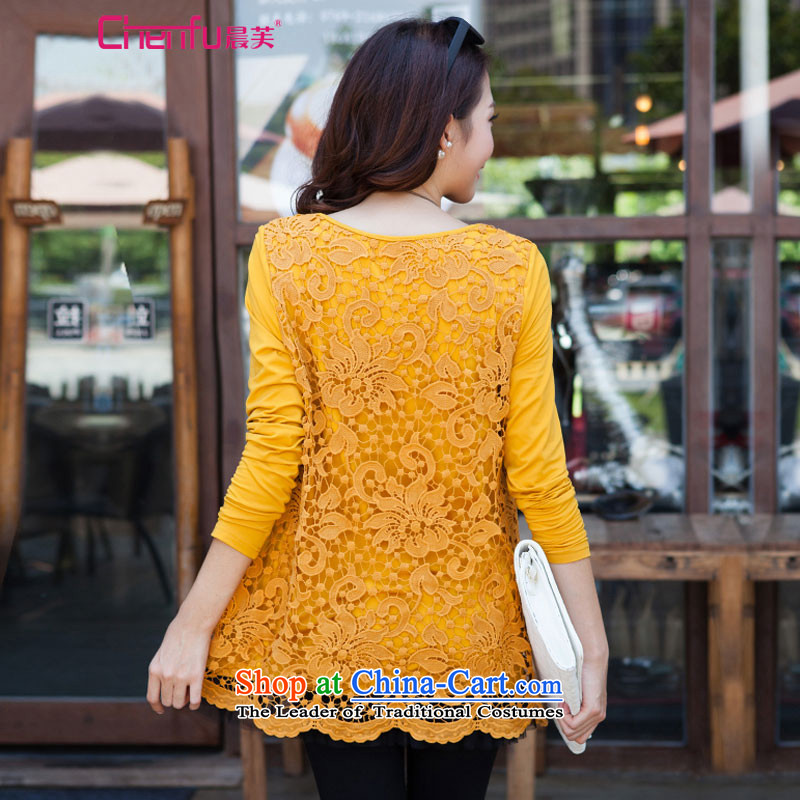 Morning to load the new 2015 autumn large stylish and elegant ladies wild stitching lace shirt round-neck collar video thin lace hook to spend two hundred folds leave under forming the Netherlands turmeric yellow 100-118 L suitable for a catty, morning to