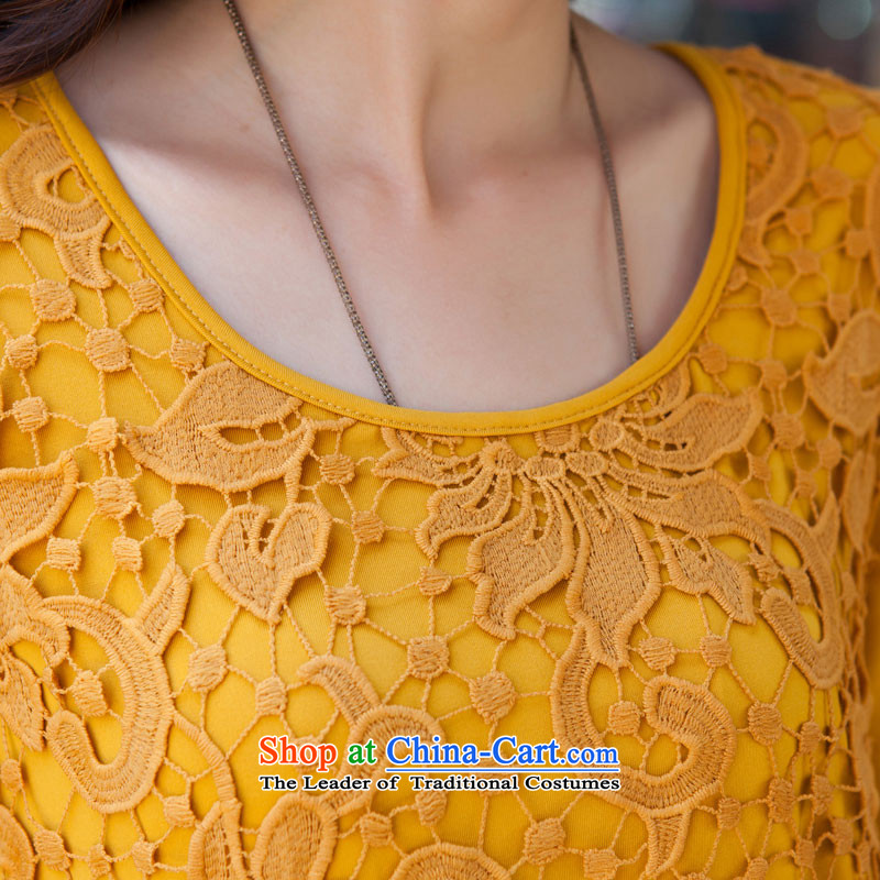 Morning to load the new 2015 autumn large stylish and elegant ladies wild stitching lace shirt round-neck collar video thin lace hook to spend two hundred folds leave under forming the Netherlands turmeric yellow 100-118 L suitable for a catty, morning to