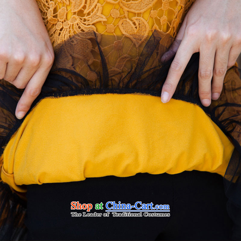 Morning to load the new 2015 autumn large stylish and elegant ladies wild stitching lace shirt round-neck collar video thin lace hook to spend two hundred folds leave under forming the Netherlands turmeric yellow 100-118 L suitable for a catty, morning to