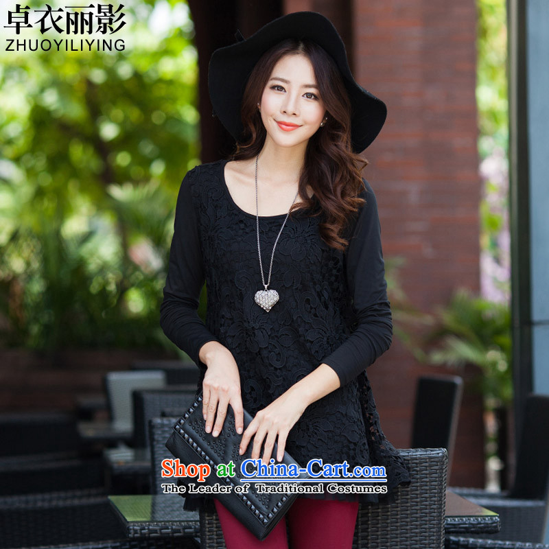 Zhou Yi -?2015 autumn and winter new Korean version of large numbers of female add lint-free warm lace loose video thin black?3XL S8878 T-Shirt