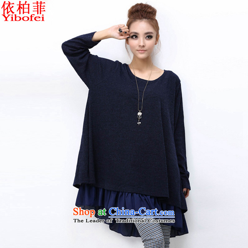 In accordance with the perfect2015 autumn and winter new Fat MM to increase women's code temperament bow tie loose video thin dresses female Y157 dark blue4XL