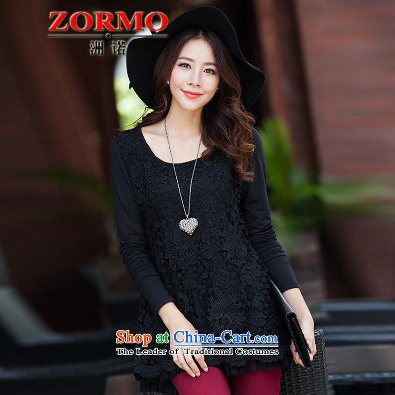 ?The Korean version of the female ZORMO thick mm plus lint-free large thick lace forming the shirt, autumn and winter long-sleeved T-shirt with round collar female black?XXXL