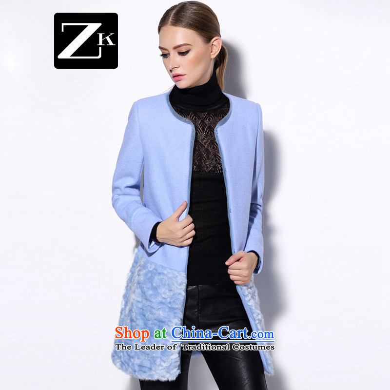 Zk flagship store 2014 autumn and winter female new gross? in Europe long coat small incense wind gross coats light blue M,zk,,,? Online Shopping