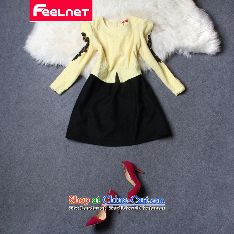 Feelnet thick mm skirt long skirt Fall_Winter Collections 2015 won the new version of the European and American and a big number of female graphics thin dresses 2198 Large Yellow 4XL