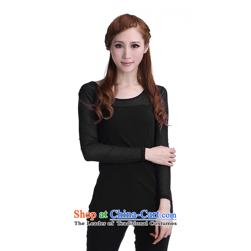 Luo Shani flower code Women Korean autumn to increase wear on the Netherlands thick mm autumn and winter new gauze Stretch video thin T-shirt long-sleeved shirt 6347 Black 6XL, shani flower sogni (D'oro) , , , shopping on the Internet