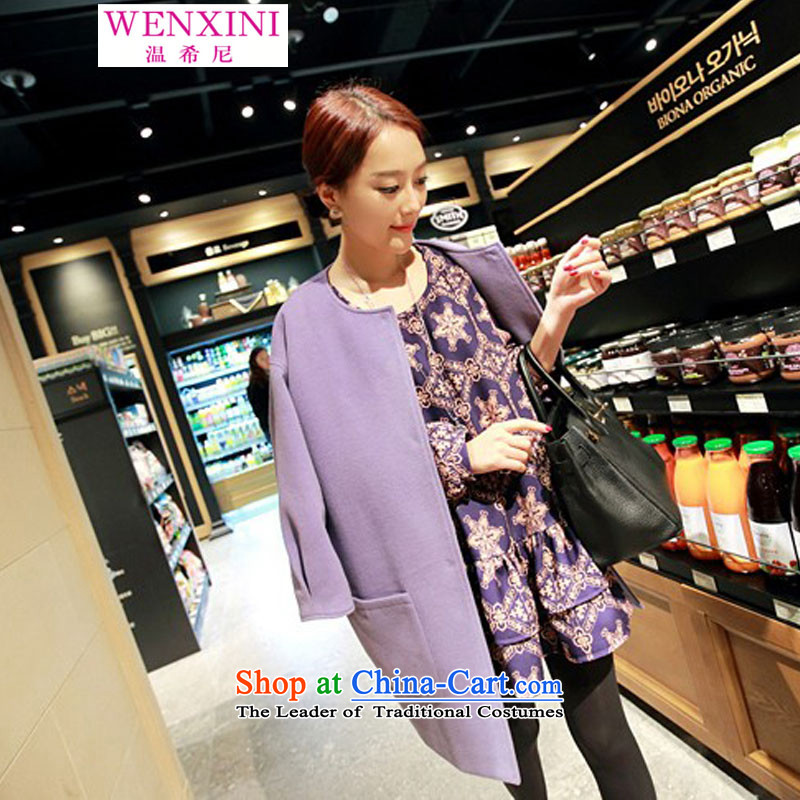 Temperature,2015 autumn and winter coats female jacket gross? Korean version of pockets in round-neck collar loose long a wool coat larger female Purple_genuine guarantee