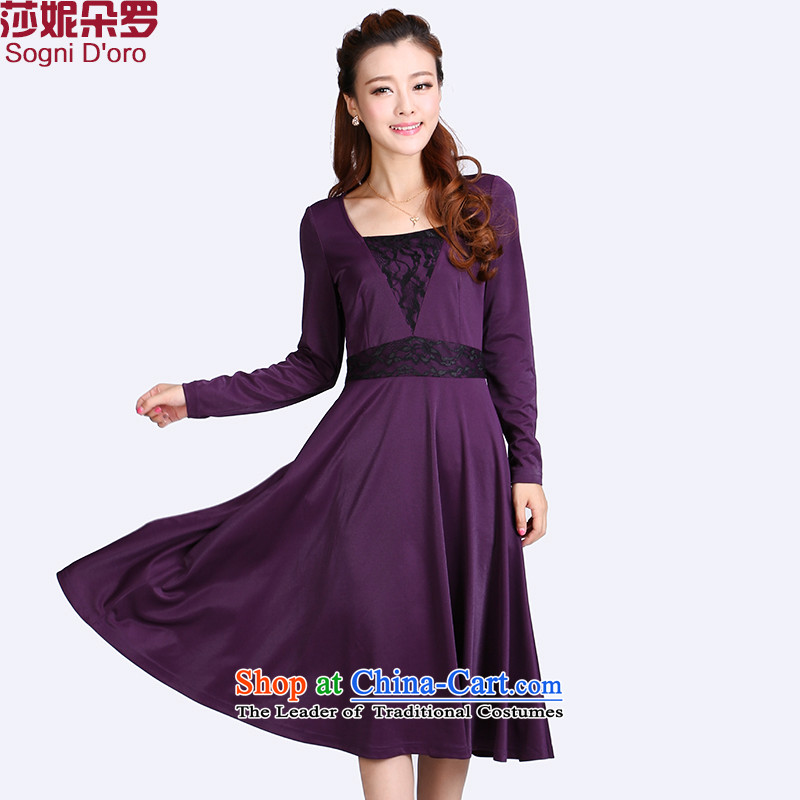 King Of Shani flower code women thick mm Korean autumn replacing new V-Neck video thin long-sleeved dresses long skirt 8719 purple2XL