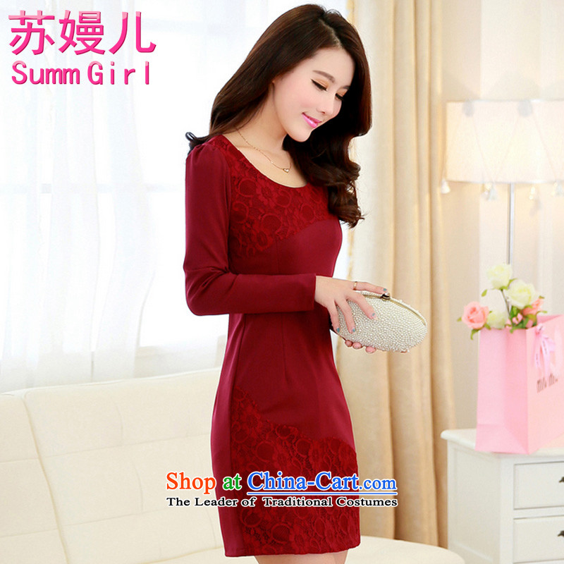 Su-Man Ka Bo 2015 Spring New larger female Korean version of fat mm long-sleeved forming the package and dresses G3319 deep red , L, Su-a (SUUM  Xiaoman GIRL ) , , , shopping on the Internet