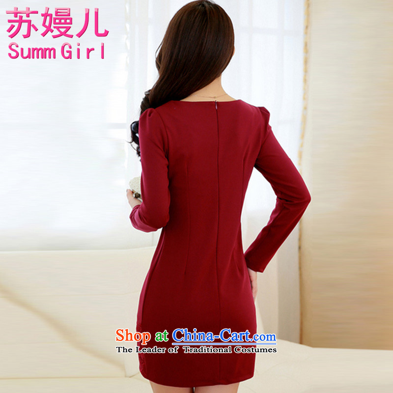 Su-Man Ka Bo 2015 Spring New larger female Korean version of fat mm long-sleeved forming the package and dresses G3319 deep red , L, Su-a (SUUM  Xiaoman GIRL ) , , , shopping on the Internet