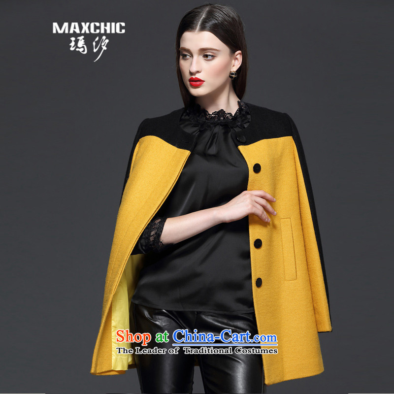 Marguerite Hsichih maxchic 2015 autumn and winter, dark flap wool blend yarn knocked color stitching jacket coat of Sau San? female 13311 gross yellow?XXL