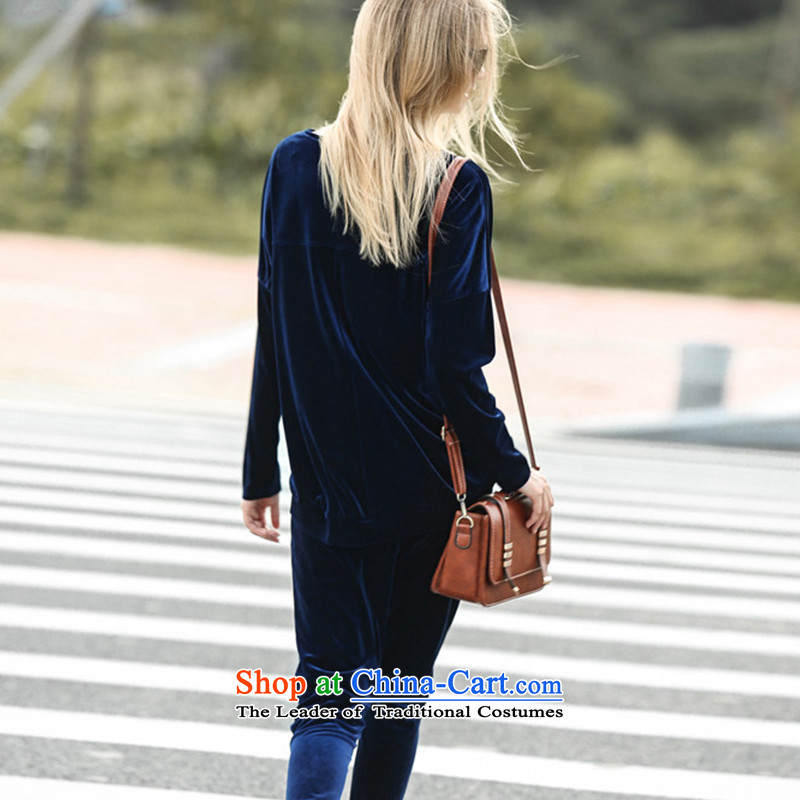 Morning to load the new 2015 autumn to increase women's code thick mm round-neck collar loose video thin velvet scouring pads stamp kit Kim Leisure Sports Suits blue  3XL recommended that morning to 140-150shopping on the Internet has been pressed.