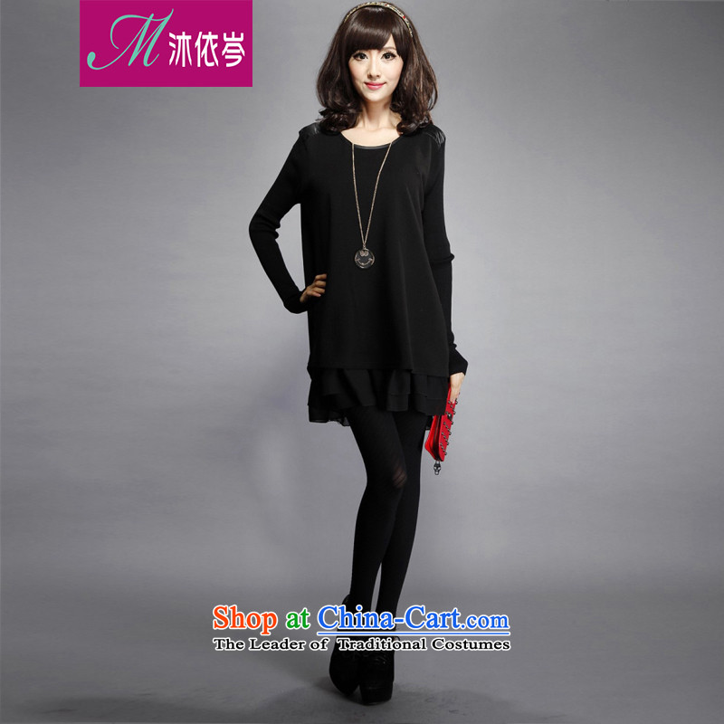 In accordance with the spring and autumn 2015 MU Cen New PU stitching round-neck collar wild loose thick MM large stylish large long-sleeved dresses 27227# XXL, black bathing in accordance with the CEN (MYC) , , , shopping on the Internet