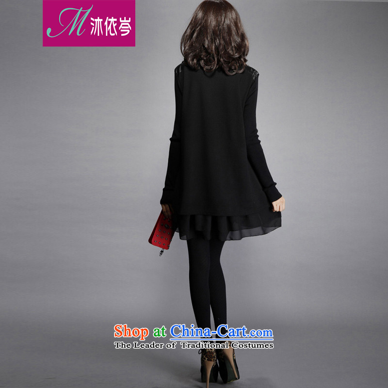 In accordance with the spring and autumn 2015 MU Cen New PU stitching round-neck collar wild loose thick MM large stylish large long-sleeved dresses 27227# XXL, black bathing in accordance with the CEN (MYC) , , , shopping on the Internet